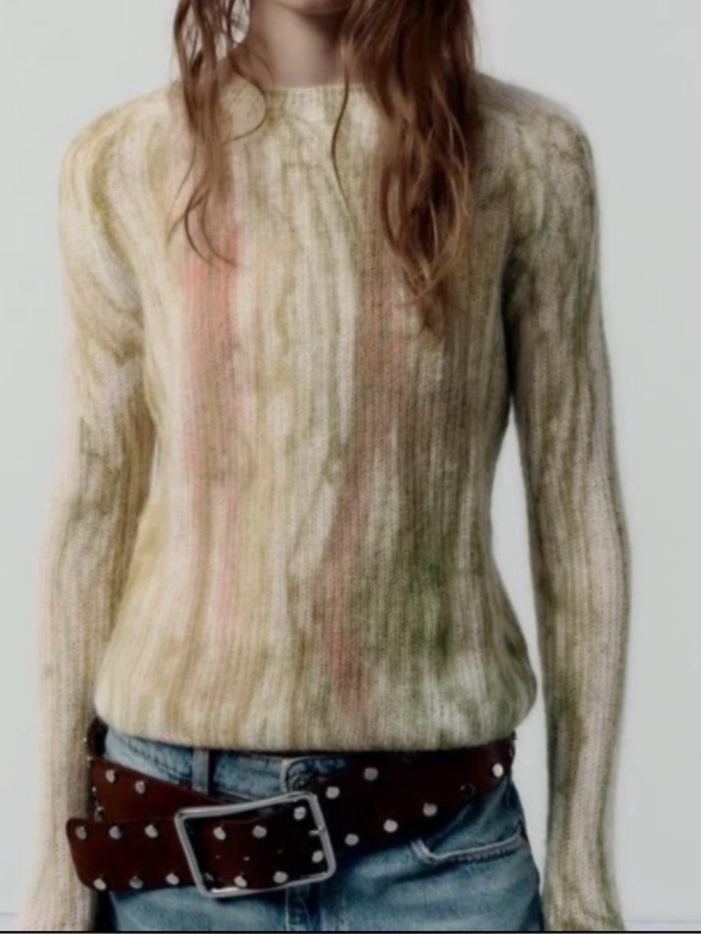 ZARA Alpaca Wool Blend Lightweight Sweater Abstract Tie-Dye Crewneck Green Small